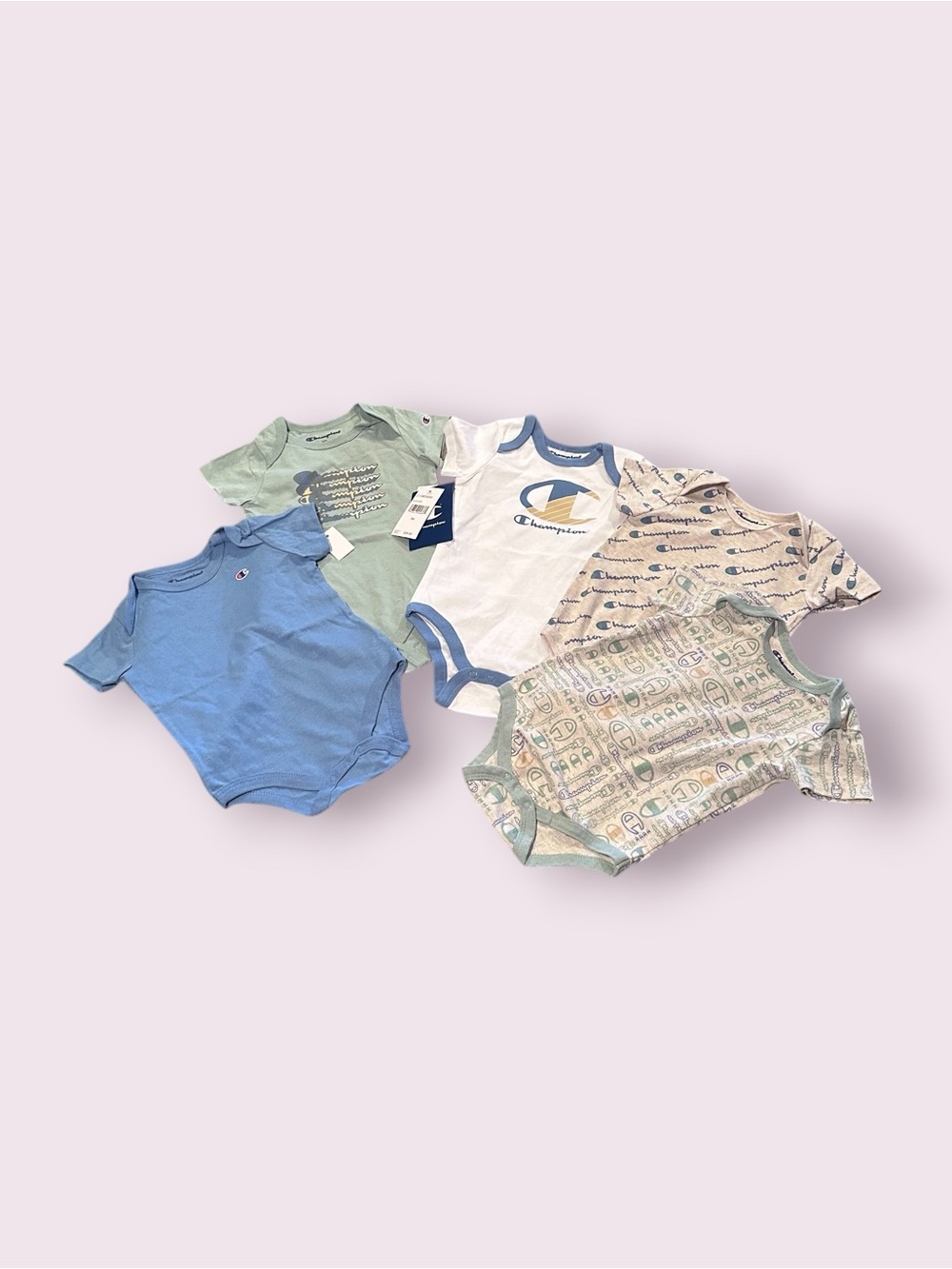 Champion Baby Onesie Bundle - Blue, Green, White, Beige Size 9 Months